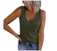 Débardeur côtelé pour femme - Débardeur d'été - Col en U - Dos nu - Bretelles larges - Débardeur d'été décontracté - Gilet léger et aéré - Sans manches - Haut confortable, Vert armée., 3XL