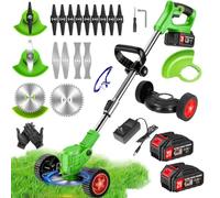DéBroussailleuse à Batterie Electrique sans Fil 21V 2.0Ah Coupe Bordure avec 2 Batterie et Chargeur de Coupe Bordure avec et Roues Amovibles,Légères et à Faible Bruit,pour Jardin, Pelouse, Ferme