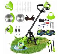 Débroussailleuse Batterie 21V avec 2 Batteries, Coupe Bordure sans Fil avec Roues Amovibles, 4 Types De Lames, Taille Bordure Convient pour Tondre Le Jardin et la Pelouse