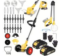 Débroussailleuse Batterie sans Fil 3-en-1,2 Batteries,7800RPM,Débroussailleuse Électrique sans Fil Rapide Taille Bordure avec Roues 4 Types Lames,Légères et à Faible Bruit,pour Jardin Élagage (Jaune)
