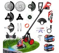 Débroussailleuse Electrique sans Fil 12", Coupe-Bordure Électrique sur Batterie 2×21V 3.0Ah avec Roues, 4 Types Lames Interchangeables, Tondeuse Multifonction 4-en-1 Dresse-Bordures pour Jardin