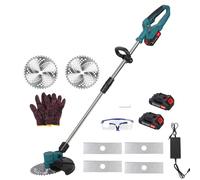 Débroussailleuse Electrique sans Fil 2.0Ah Coupe Bordure avec 2 Batterie et Chargeur Taille Bordure avec Roues & avec 3 Type De Lames, Pliage Rétractable Tête Pivotante 90°pour Jardin Élagage (Bleu)
