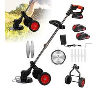 Débroussailleuse Electrique sans Fil 21V 2.0Ah Coupe Bordure avec 2 Batterie et Chargeur Taille Bordure avec Roues & avec 3 Types De Lames,Pliage Rétractable Tête Pivotante 90°pour Jardin Élagage