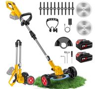 Debroussailleuse Electrique sans Fil 21V, Coupe Bordure avec 2 Batteries, Débroussailleuse Batterie Pliable et 12 Lames, Tête 90°, roulettes Amovibles, Hauteur Réglable pour Jardin et Pelouse