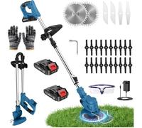 Debroussailleuse Electrique sans Fil 850W Rotofil Batterie 1.8kg Pliable 60cm Manche 2X 2000mAh 26 Lames 4 Types (Bleu Encre)