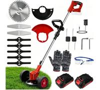 Debroussailleuse Electrique sans Fil Coupe Bordure 21V avec 2 Batteries 1.5Ah,Roues,4 Type Lames,Poignée Réglable,Pliable,Tête