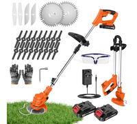 Débroussailleuse sans fil avec 4 lames et 2 batteries 21 V 2000 mAh, orange | Débroussailleuse de jardin avec manche télescopique réglable et structure pliable pour l'entretien de la pelouse