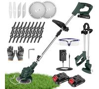 Débroussailleuse sans fil avec 4 lames et 2 batteries 21 V 2000 mAh, vert | Débroussailleuse de jardin avec manche télescopique réglable et structure pliable pour l'entretien de la pelouse