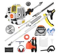 Débroussailleuse Thermique 5 en 1, 52cc 2 Temps, Taille-haie et élagueuse | 2,2 kW à 8500 tr/min; rallonge, tête nylon, lames 3 et 40 dents; guidon en U, harnais et protections incluses