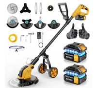 Débroussailleuses Electrique sans FI 21V,Coupe Bordures sans Fil avec 2 * 3.0Ah Batterie et Chargeur,Moteur Brushless 800W,30CM Débroussailleuse à Batterie avec Roue&4 Types Lames pour Jardin Élagage