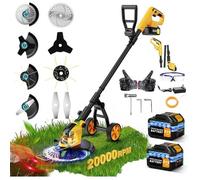 Débroussailleuses Electrique sans Fil avec Roue 30CM Coupe Bordures sans Fil 2*3.0Ah Batterie et Chargeur&4 Types Lames 800W jaune