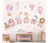decalmile Sticker Muraux Animaux Train Rose Autocollant Mural Montgolfière | Stickers Décoratifs Muraux Peel and Stick, Décoration Murale Amovible et Sûre pour Murs, Sticker Mural Couleurs Vives