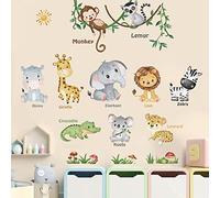 decalmile Stickers Muraux Animaux de la Jungle Autocollant Mural Safari Éléphant Singe Lion Girafe Décoration Murale Chambre Enfants Bébé Pépinière Salon