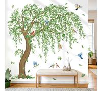 decalmile Stickers Muraux Arbres Geant Autocollant Mural Feuilles Verts Plantes Oiseaux sur Branche Décoration Murale Chambre Salon Mur TV