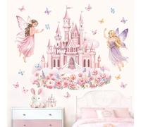 decalmile Stickers Muraux Château Rose Fille Fée Autocollant Mural Fleur | Stickers Décoratifs Muraux Peel and Stick, Décoration Murale Amovible et Sûre pour Murs, Sticker Mural Couleurs Vives