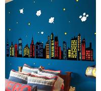 decalmile Stickers Muraux Coloré Ville Skyline Autocollant Mural Bâtiment Silhouette Étoiles Décoration Murale Chambre Enfants Salle de Jeux
