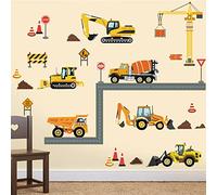 decalmile Stickers Muraux Construction Véhicules Autocollant Mural Voiture Tracteur Excavatrice Camions Décoration Murale Chambre Bébé Garcon Pépinière Enfants Salle de Jeux
