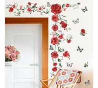 decalmile Stickers Muraux Fleurs des Rose Rouges Autocollant Mural Floral Vigne Papillons Décoration Murale Filles Chambre Salon Cuisine