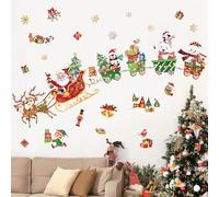 decalmile Stickers Muraux Père Noël Rennes Autocollant Fenêtre Noël Train | Stickers Décoratifs Muraux Peel and Stick, Décoration Murale Amovible et Sûre pour Murs, Sticker Mural Couleurs Vives