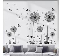 decalmile Stickers Muraux Pissenlit et Papillon Autocollant Mural Floral Noir Papillon Décoration Murale Chambre Salon Bureau (2 Packs)