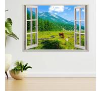 Décalque d'art mural, Cheval Animal Prairie Autocollant de décoration de bordure fissurée 3D, Autocollant peler et à coller, décoration murale pour salon chambre d'enfant 70x122cm