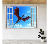 Décalque d'art mural, Dragon Rouge Autocollant de décoration de bordure fissurée 3D, Autocollant peler et à coller, décoration murale pour salon chambre d'enfant 70x122cm