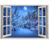 Décalque d'art mural, Lune Hiver Forêt Autocollant de décoration de bordure fissurée 3D, Autocollant peler et à coller, décoration murale pour salon chambre d'enfant 70x122cm
