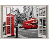 Décalque d'art mural, Rue De La Cabine Téléphonique Du Bus Rouge Autocollant de décoration de bordure fissurée 3D, Autocollant peler et à coller, décoration murale pour salon chambre d'enfant 70x122cm