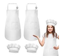 DECARETA 2 pcs Tablier de Cuisine Enfant et 2 pcs Chapeau de Chef Réglable Toque et Tablier Cuisine Enfant Blanc Tablier de Cuisson Chef avec 2 Poches pour Peinture Barbecue Manuel