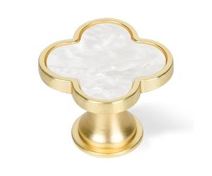 Dechours Lot de 6 boutons de tiroir et crochets muraux dorés en forme de trèfle nacré, 33 mm, surface nacrée blanc neige
