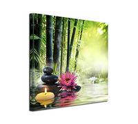 DECLINA Tableau Bougie et Galet sur forêt de Bambou imprimée - Impression sur toile décoration murale Zen - Déco maison, cuisine, salon, chambre adulte - Multicouleur 30x30 cm