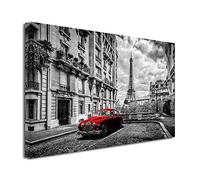 DECLINA Tableau Paris Noir et Blanc et Vieille Voiture - Impression photo ville sur toile décoration murale paysage - Déco maison, cuisine, salon, chambre adulte - Multicouleur 80x50 cm