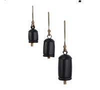Deco 79 Cloches de Vache décoratives en métal d'inspiration tibétaine avec Corde de Suspension en Jute, Lot de 3 10", 8", 6" H, Noir