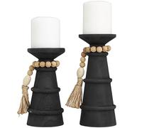 Deco 79 Lot de 2 bougeoirs en Bois texturé Fait à la Main avec Guirlande de Perles, 25,4 cm, 20,3 cm de Haut, Noir