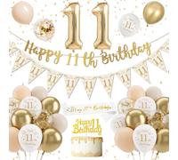 Déco Anniversaire 11 Ans Fille Garçon, Blanc Or Ballon 11 Ans, Ballon Décoration Anniversaire Banderole Joyeux Confettis Latex Ballons pour 11 Ans Fille