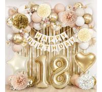 Deco Anniversaire 18 Ans Blanc Doré | 18 Ans Anniversaire Garcon Fille Arche Ballon Blanc et Doré, Banderole Joyeux Anniversaire, Rideau Métallique à Franges, Pompons Papier, Ballon Coeur Aluminium