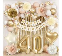 Deco Anniversaire 40 Ans | 40 Ans Anniversaire Femme Homme Arche Ballon Blanc et Doré Beige, Banderole Joyeux Anniversaire, Rideau Métallique à Franges, Pompons Papier, Ballon Coeur Aluminium