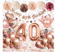 Déco Anniversaire 40 Ans Femme - Or Rose : Ballon 40 Ans, Ballons Alu Cœurs Couronnes, Bannière Joyeux 40e et Pompons