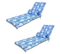 Lot de 2 Coussins pour Chaise Longue & Transat 195/60cm + 2 Traversin - AntiUV et Imperméable - Motif Feuillage Bleu