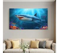 Deco Cadre Décoration Salon Animal Grand requin blanc Impression sur Toile 100L x 75W cm Tableau Decoration Murale Chambre Cuisine Dessin Animé Anime Horizontal Art Wall Tableaux Decoratifs Muraux
