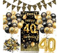 Déco d'anniversaire 40 ans Noir et Or Kit complet homme et femme | décoration de fête d'anniversaire pour, grande banderole de fond, guirlande triangulaire, ballon chiffre, ballons et confetti