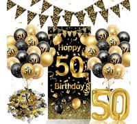 Déco d'anniversaire 50 ans Noir et Or pour homme et femme Kit complet | de décoration de fête d'anniversaire, grande banderole de fond, guirlande triangulaire, ballon chiffre, ballons et confettis