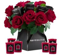 DECO EXPRESS Rouge Rose Bougie Parfumées et Bouquet de Fleurs Artificielles, 10 Fleur Artificielle et Lot de 6 Bougies Longue Durée 6 H, Coffret Cadeau Femme, Saint Valentin et Fetes des Mères (Rouge)