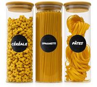 Deco haus Bocaux en Verre Hermétique +ÉTIQUETTES - Bocal en Verre 3x 2300ml | Pour Céréales, Cornflakes, Spaghetti, Farine - Boîtes en Verre Couvercles en Bambou - Bocaux Rangement Cuisine - Borosilicaté