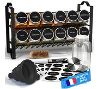 Deco haus® Etagere avec Boite a Epices Lot de 12 avec Étiquettes - Rangement pour épices de cuisine - Couvercle en acier inoxydable