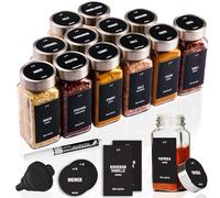 Deco haus® Lot de 12 Bocaux à Épices Carrés Hermétiques [avec Étiquettes & Saupoudreur] - Bocaux en Verre - Pot a Epices en Verre et Bois, Spice Jars - Récipients d'Épices - Pot à Epices