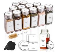 Deco haus® Lot de 12 Bocaux à Épices Carrés Hermétiques [avec Étiquettes & Saupoudreur] - Bocaux en Verre - Pot a Epices en Verre et Bois, Spice Jars - Récipients d'Épices - Pot à Epices
