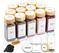 Deco haus® Lot de 12 Bocaux à Épices Carrés Hermétiques [avec Étiquettes & Saupoudreur] - Bocaux en Verre - Pot a Epices en Verre et Bois, Spice Jars - Récipients d'Épices - Pot à Epices