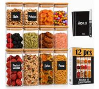 Deco haus Lot de 12 Bocaux en Verre Hermétique avec Couvercle + ÉTIQUETTES | Pour Céréales, Cornflakes, Farine - Boîtes en Verre Couvercles en Bambou - Bocaux Rangement Cuisine - Borosilicaté