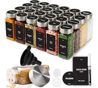 Deco haus® Lot de 24 Bocaux à Épices Carrés Hermétiques [avec Étiquettes & Saupoudreur] - Bocaux en Verre - Pot a Epices en Verre et Bois, Spice Jars - Récipients d'Épices - Pot a Epice